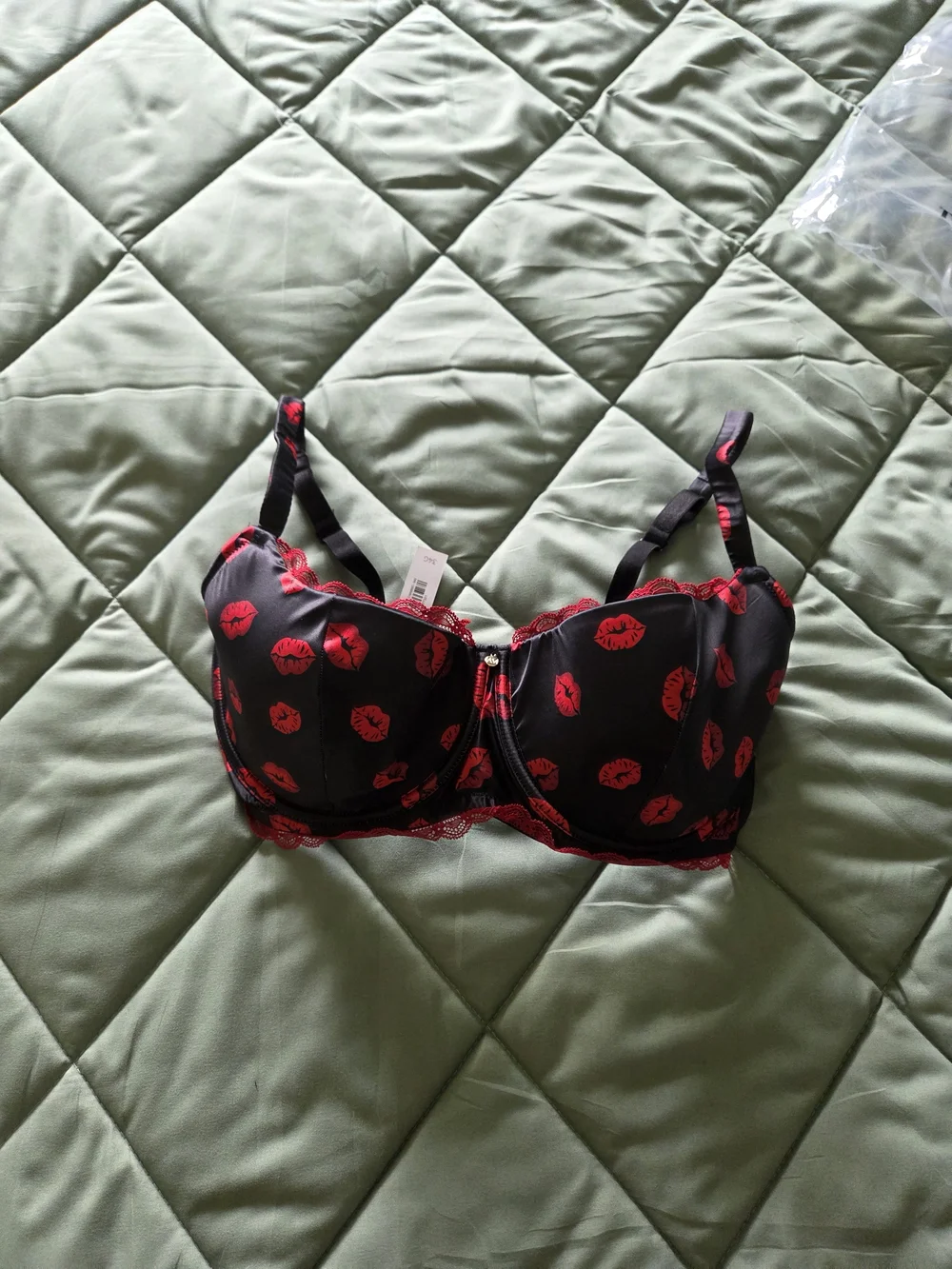 Adore Me Black Balconette Bra with Red Kiss Print